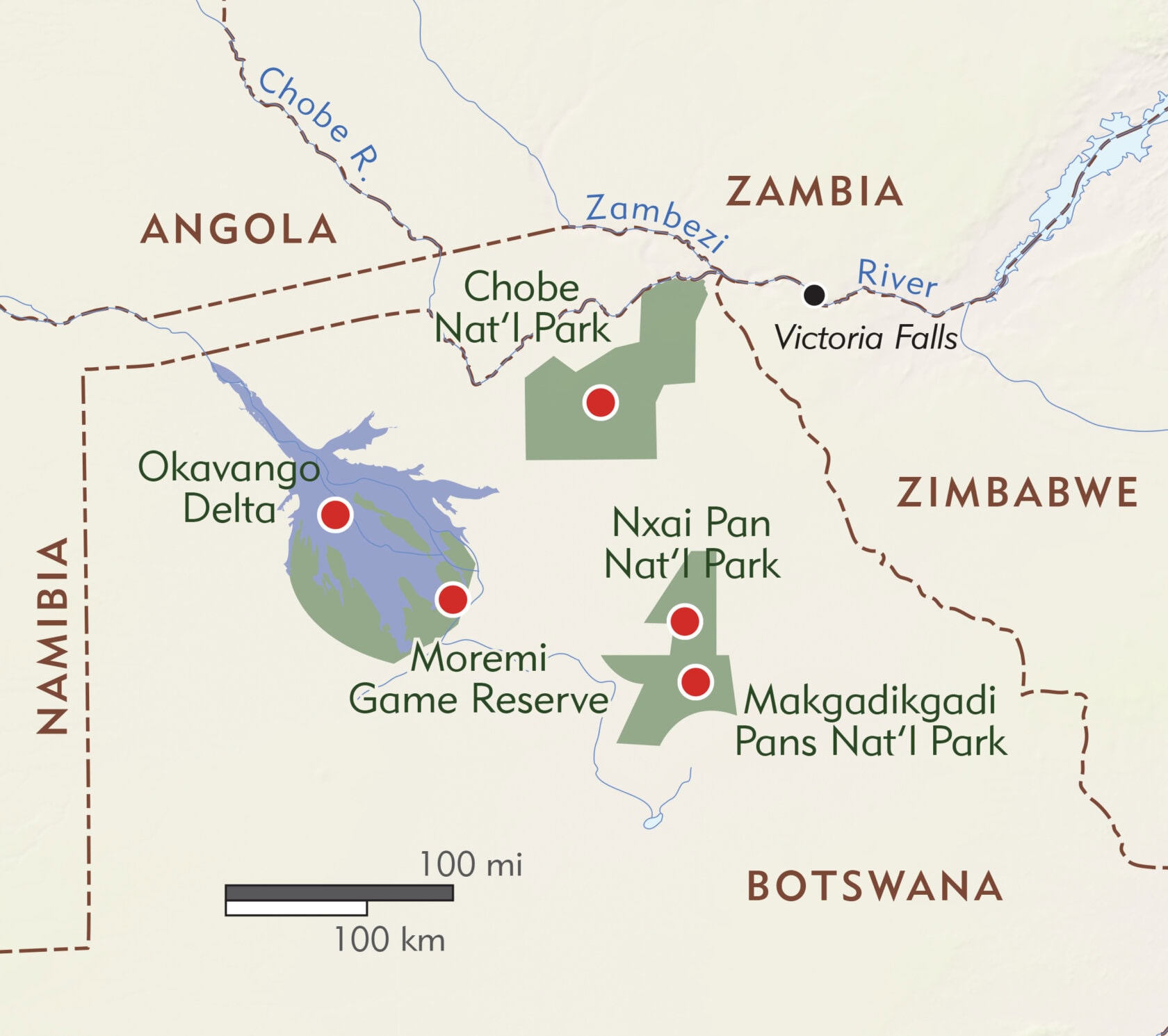 Map showing major national parks and reserves in northern Botswana, highlighting some of the best parks Botswana offers—including Okavango Delta, Moremi Game Reserve, Chobe, Nxai Pan, and Makgadikgadi Pans—with country borders labeled.