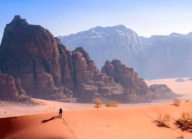 A hiker in a desert in Jordan.