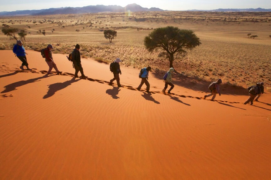 A line of people hiking up a sandy dune in Namibia's desert landscape with scattered trees, distant mountains, and a clear sky, creating a sense of adventure in this natural wonderland.