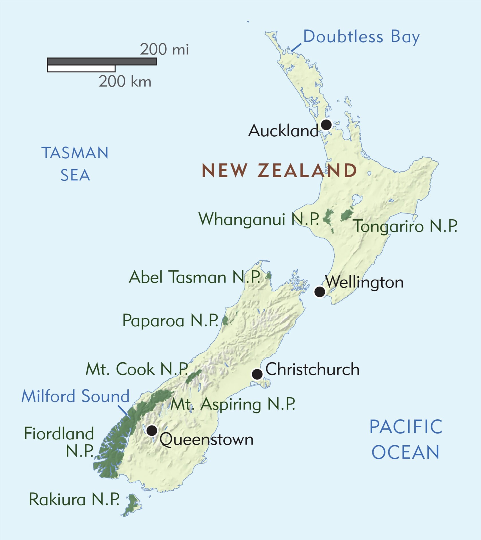 A map of New Zealand highlighting cities, national parks, and geographic features.