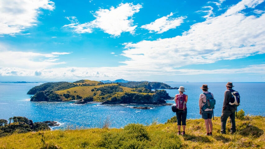 Three people wearing backpacks stand on a grassy hilltop in New Zealand, overlooking a rugged coastline and ocean on a sunny day.