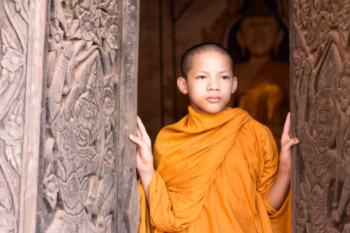 A young monk in an orange robe stands between intricately carved wooden doors, looking serenely into the distance, capturing the essence of Laos's timeless beauty—a perfect moment for any travel or tourism enthusiast.