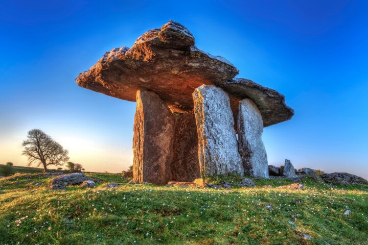 A large ancient stone structure with a flat top stone supported by vertical stones stands in a grassy field, against the backdrop of Ireland's clear blue sky and a lone tree.